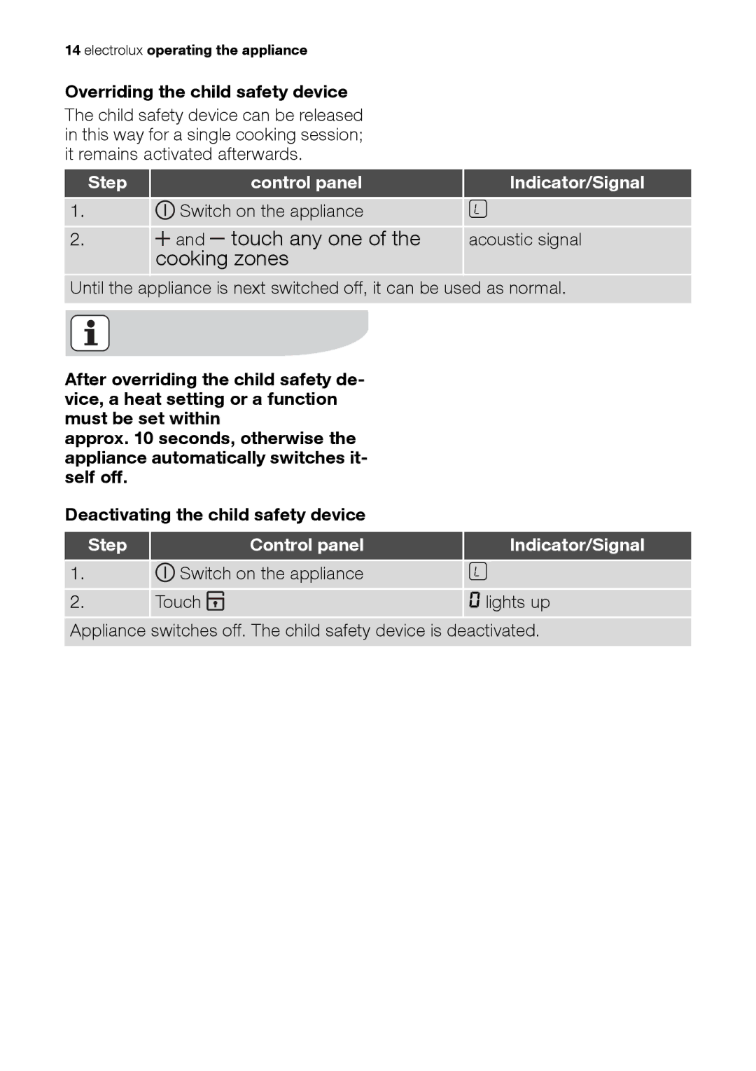 Electrolux EHS 36020 U user manual Touch any one, Cooking zones, Overriding the child safety device 