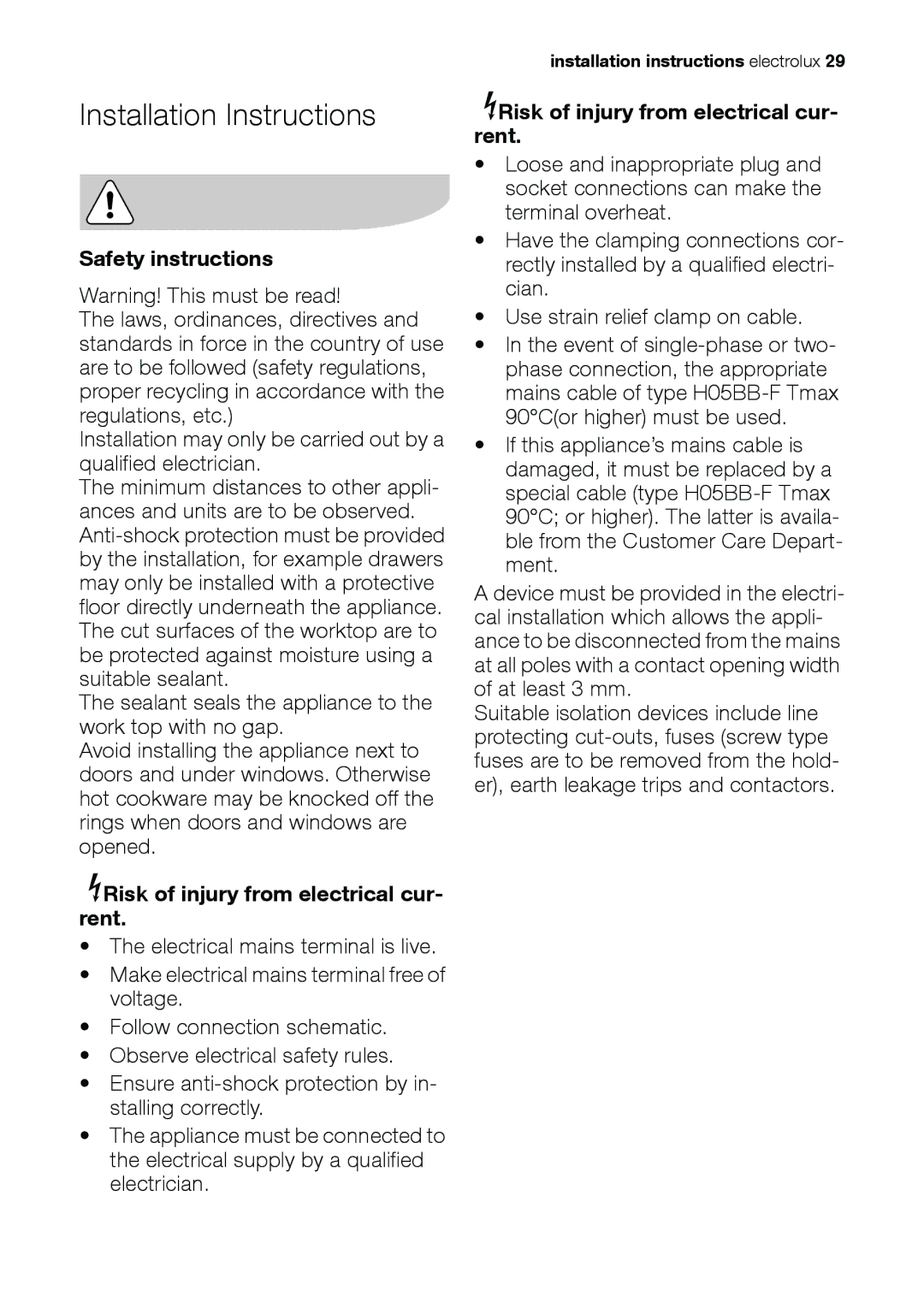 Electrolux EHS 36020 U Installation Instructions, Safety instructions, ZRisk of injury from electrical cur- rent 