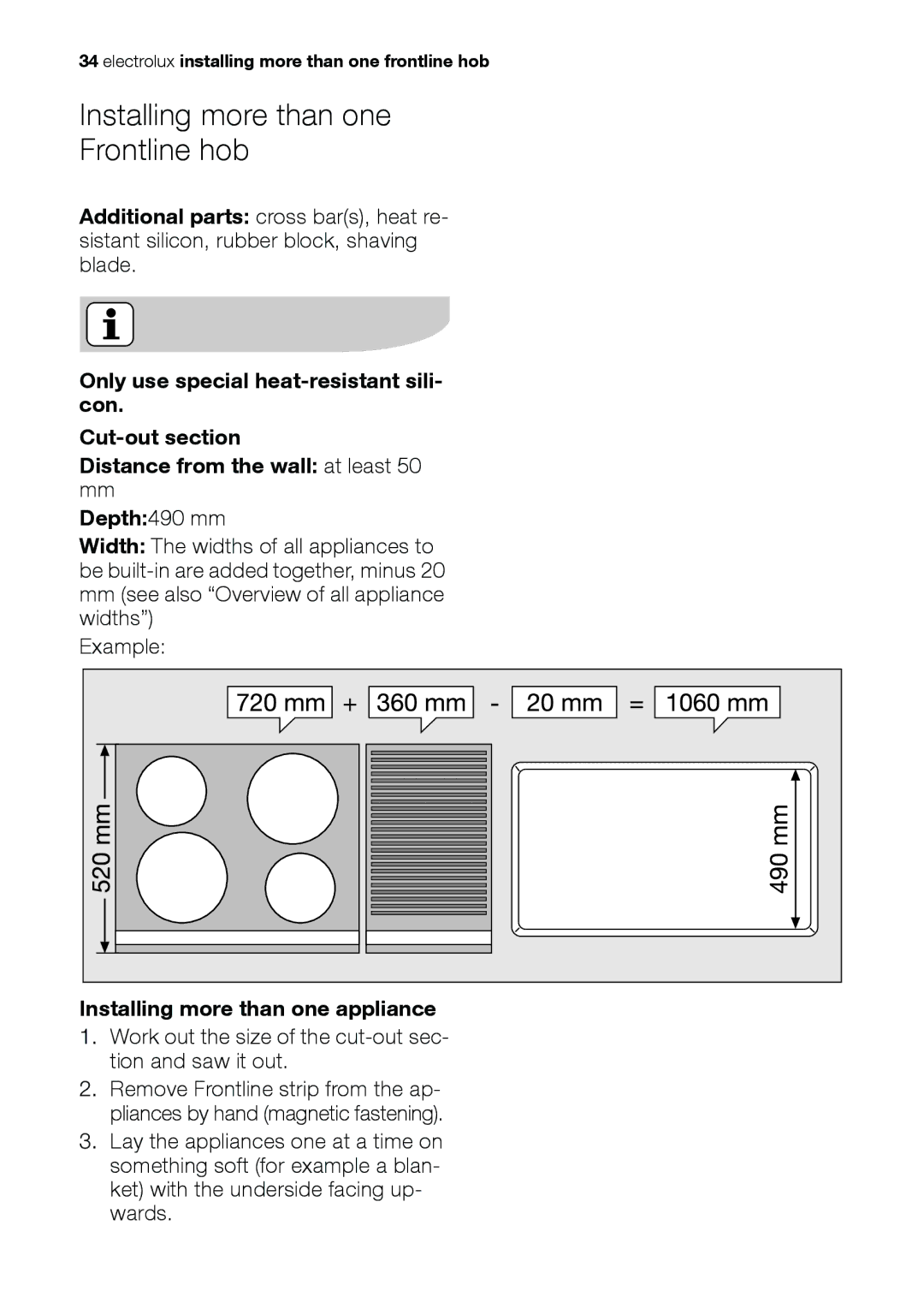 Electrolux EHS 36020 U user manual Installing more than one Frontline hob, Installing more than one appliance 