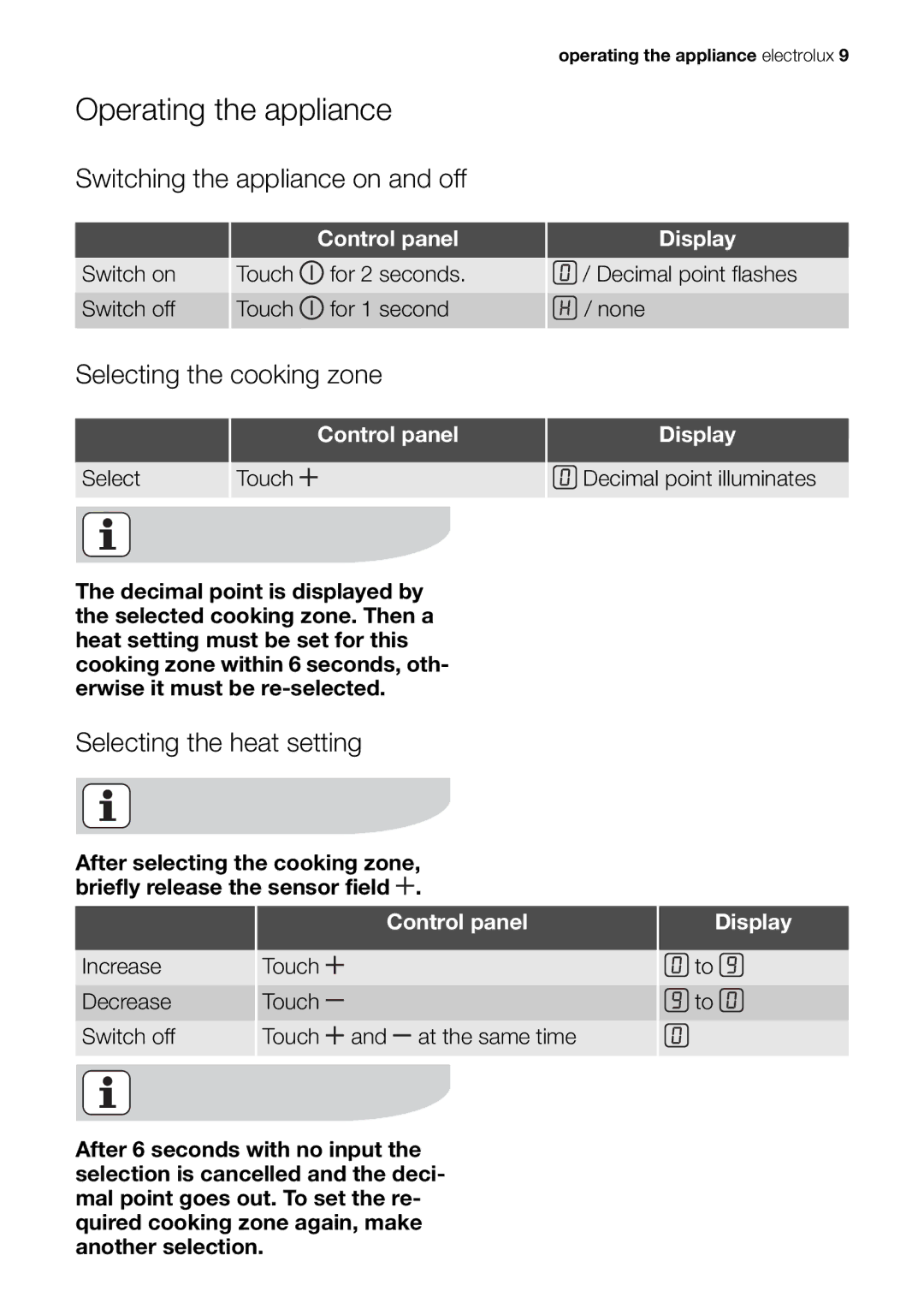 Electrolux EHS 60020 K user manual Operating the appliance, Switching the appliance on and off, Selecting the cooking zone 