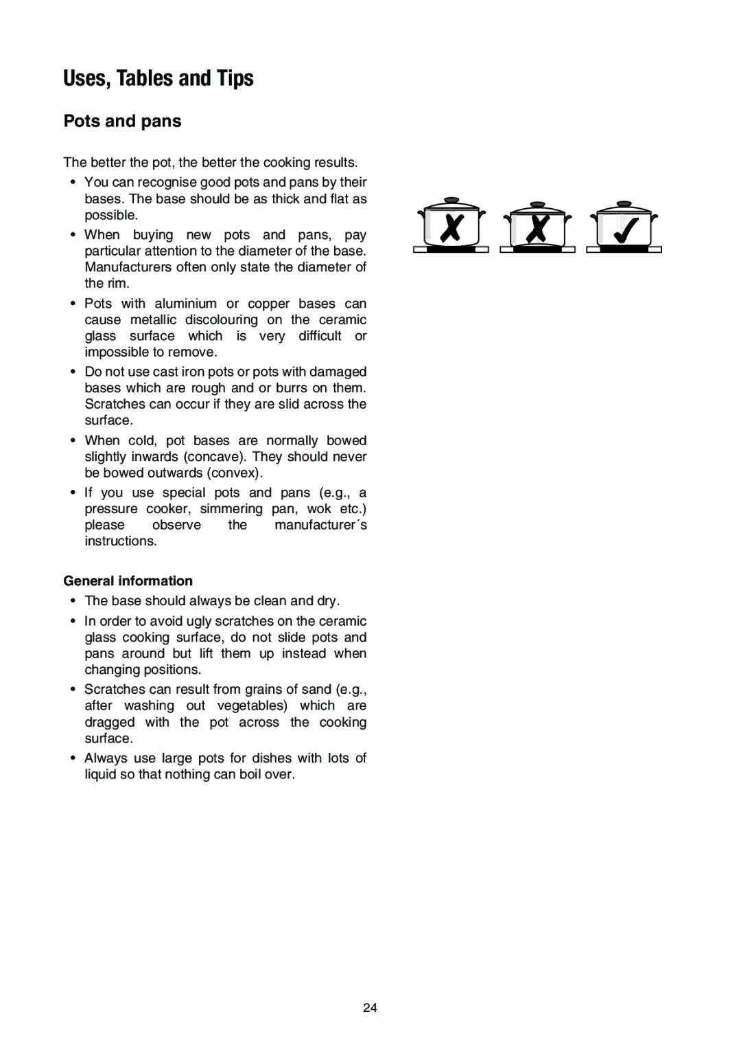 Electrolux EHS 6651 P manual Uses, Tables and Tips, Pots and pans, General information 