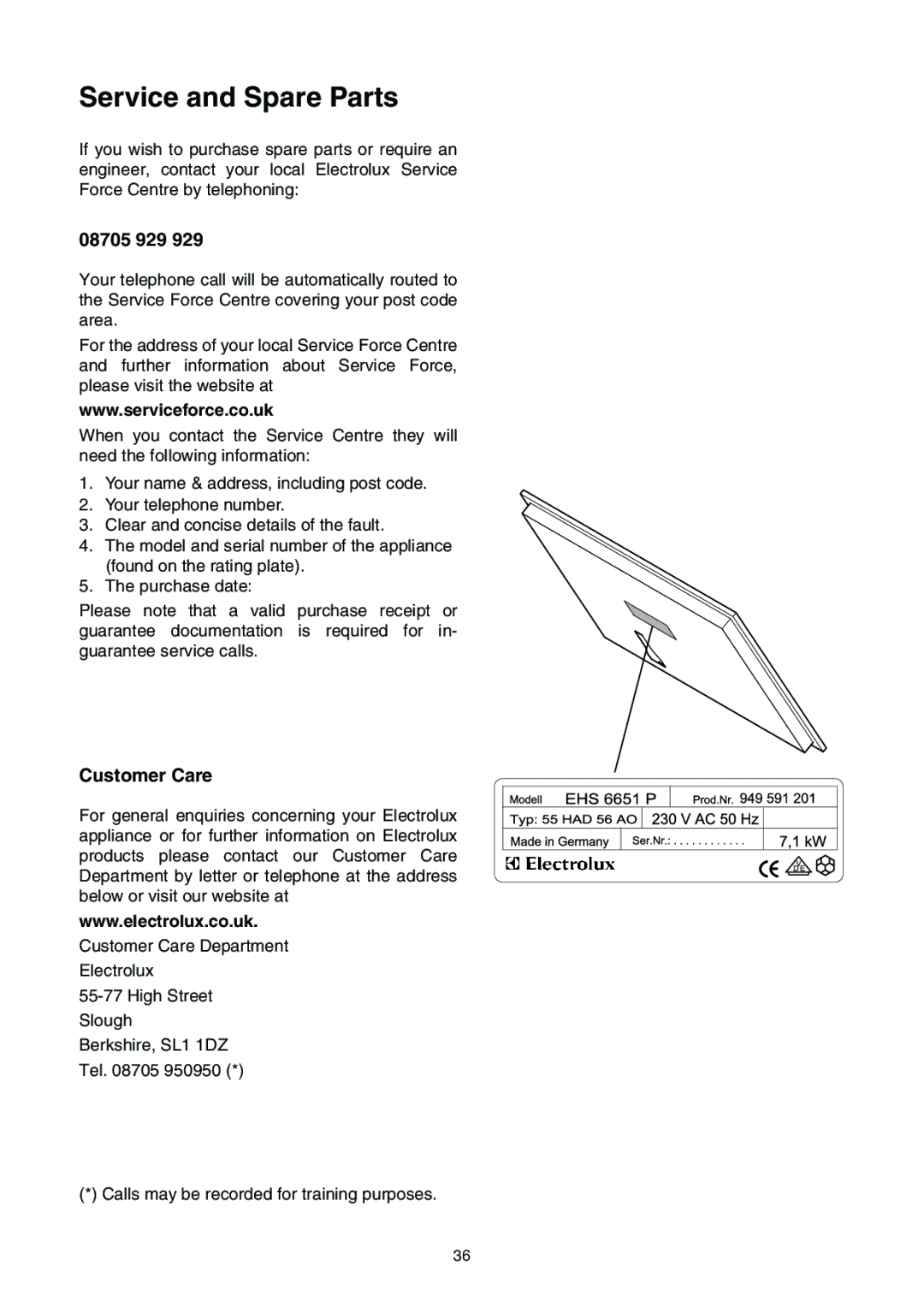 Electrolux EHS 6651 P manual 08705 929, Customer Care 