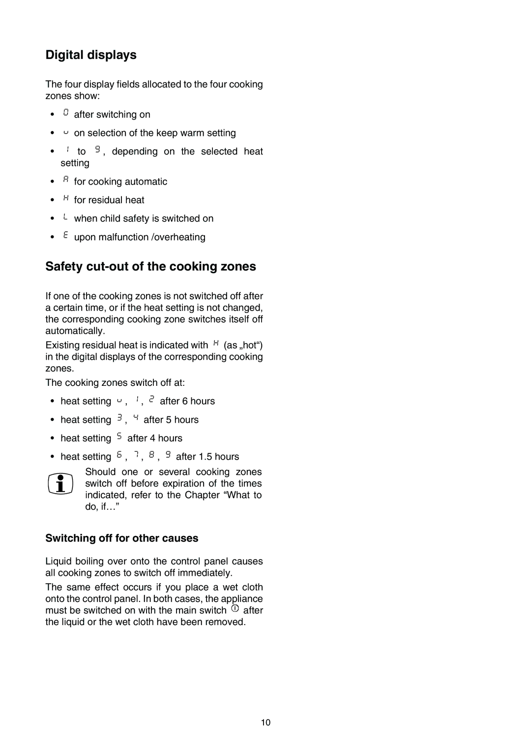 Electrolux EHS 6651 P manual Digital displays, Safety cut-out of the cooking zones, Switching off for other causes 