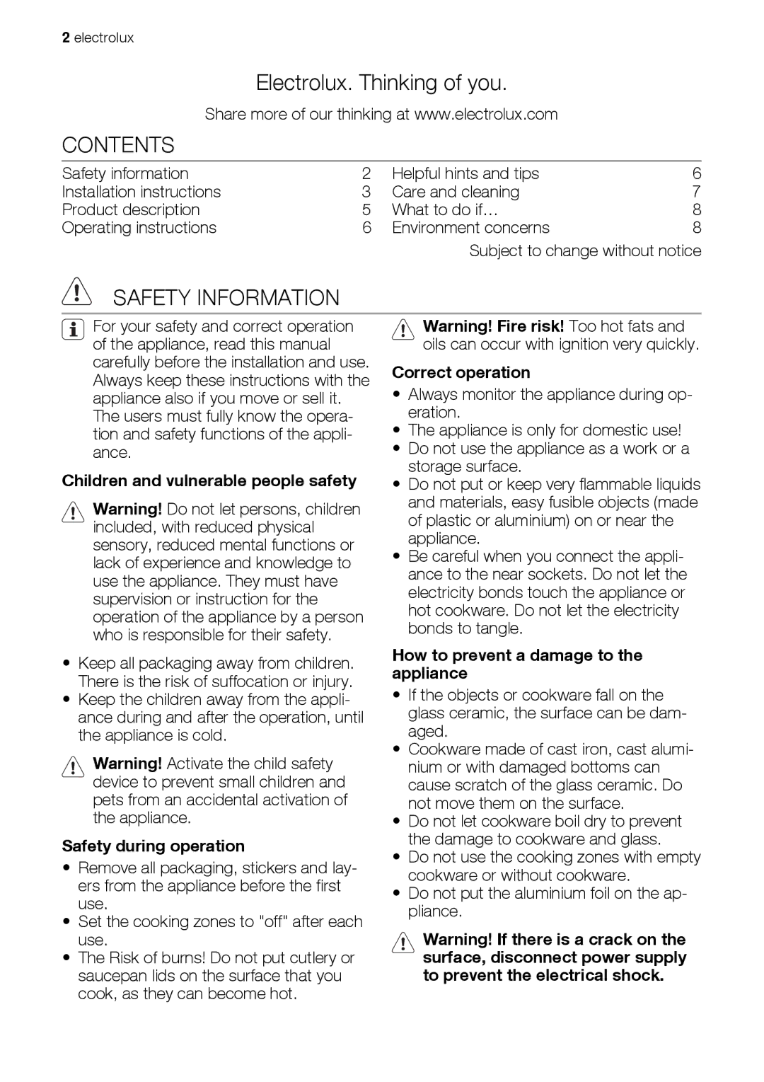 Electrolux ehs60041p user manual Contents, Safety Information 