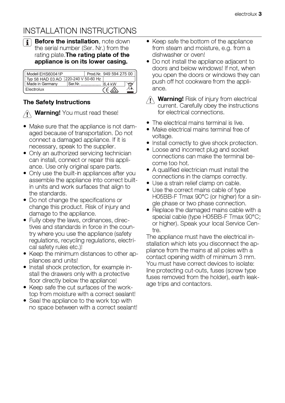 Electrolux ehs60041p user manual Installation Instructions, Safety Instructions, Use a strain relief clamp on cable 