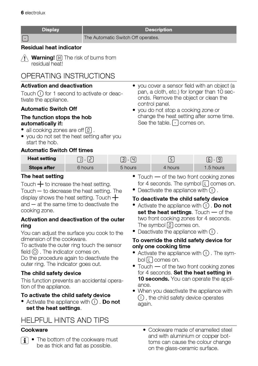 Electrolux ehs60041p user manual Operating Instructions, Helpful Hints and Tips 