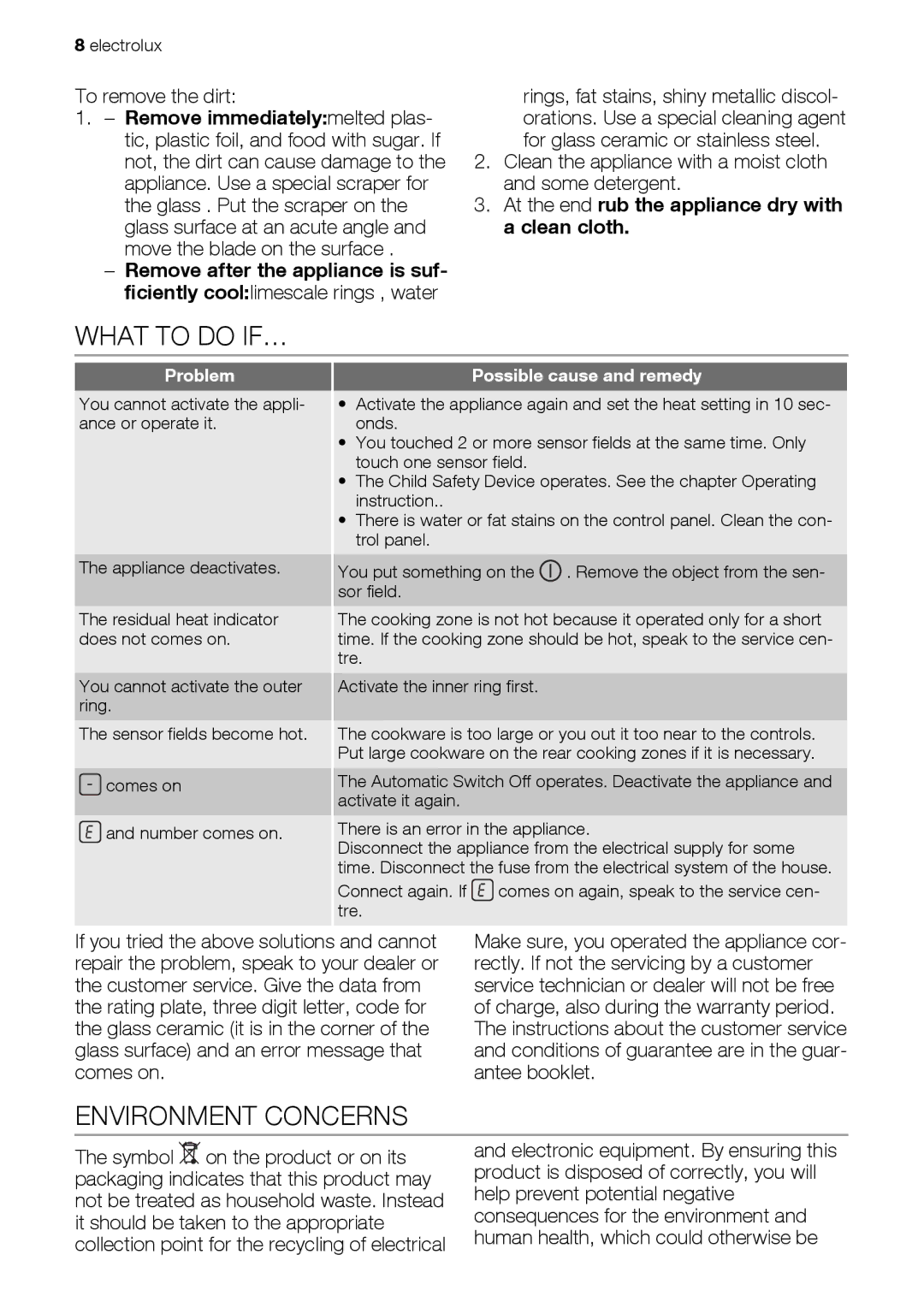 Electrolux ehs60041p user manual What to do IF…, Environment Concerns, To remove the dirt 