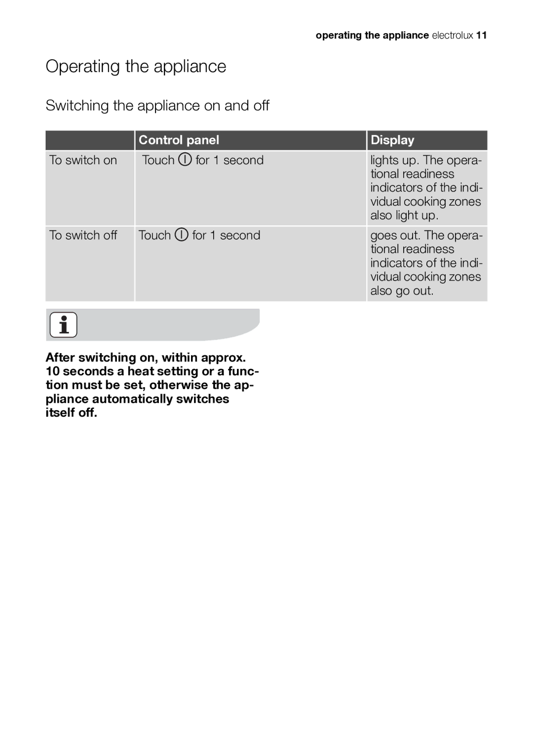 Electrolux EHS601210P user manual Operating the appliance, Switching the appliance on and off, Control panel Display 