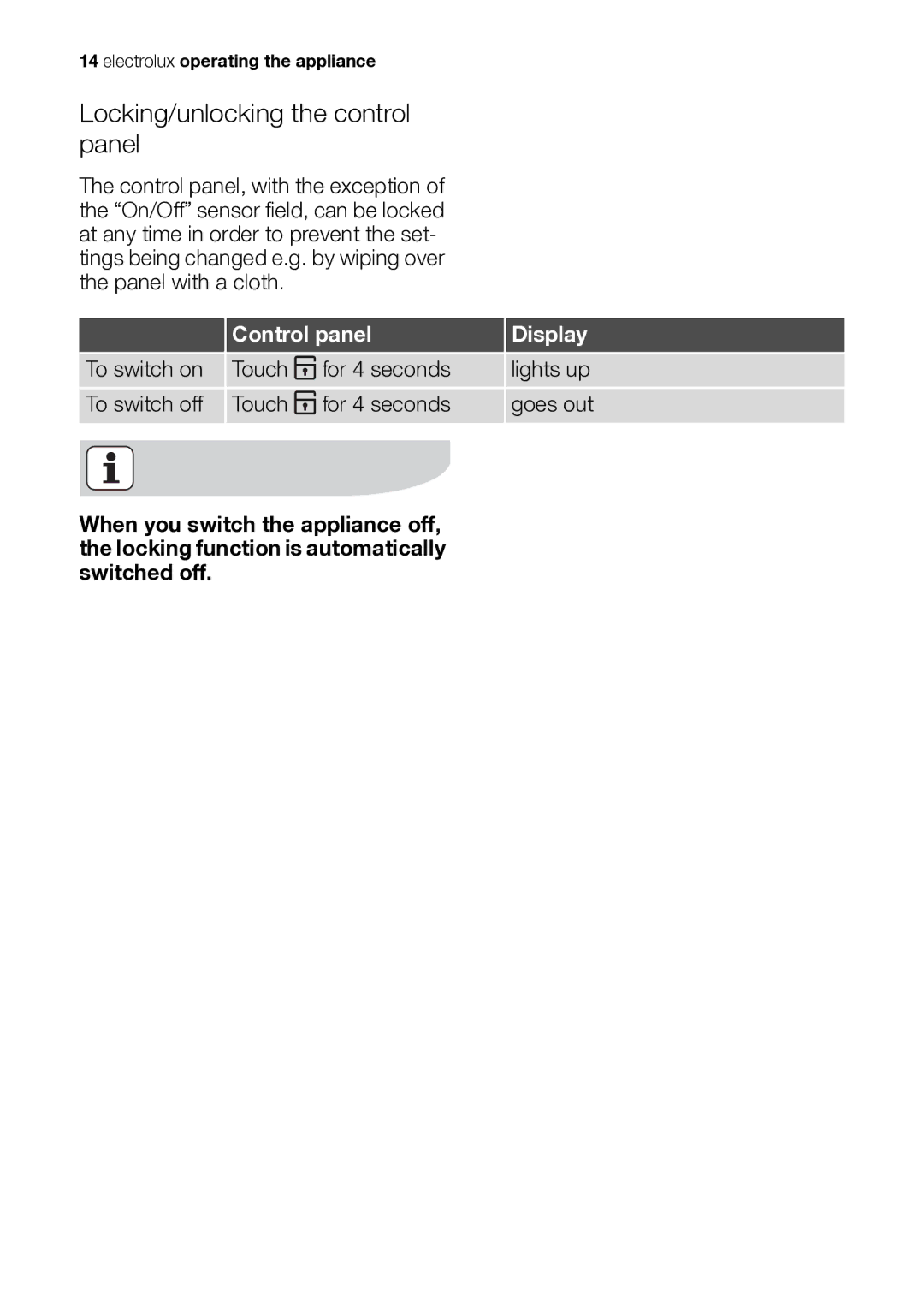 Electrolux EHS601210P user manual Locking/unlocking the control panel, Control panel Display 