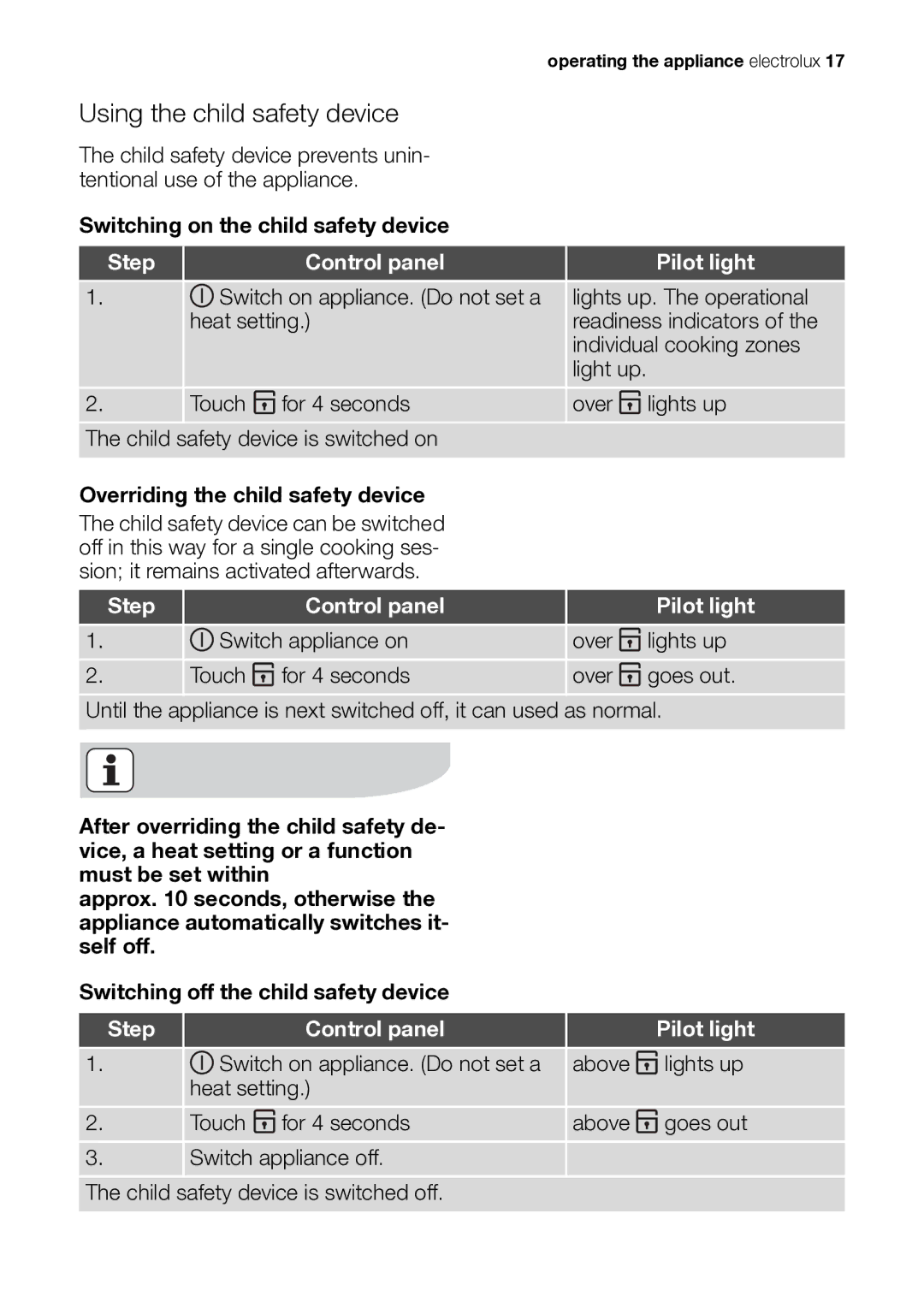 Electrolux EHS601210P Using the child safety device, Switching on the child safety device, Step Control panel Pilot light 