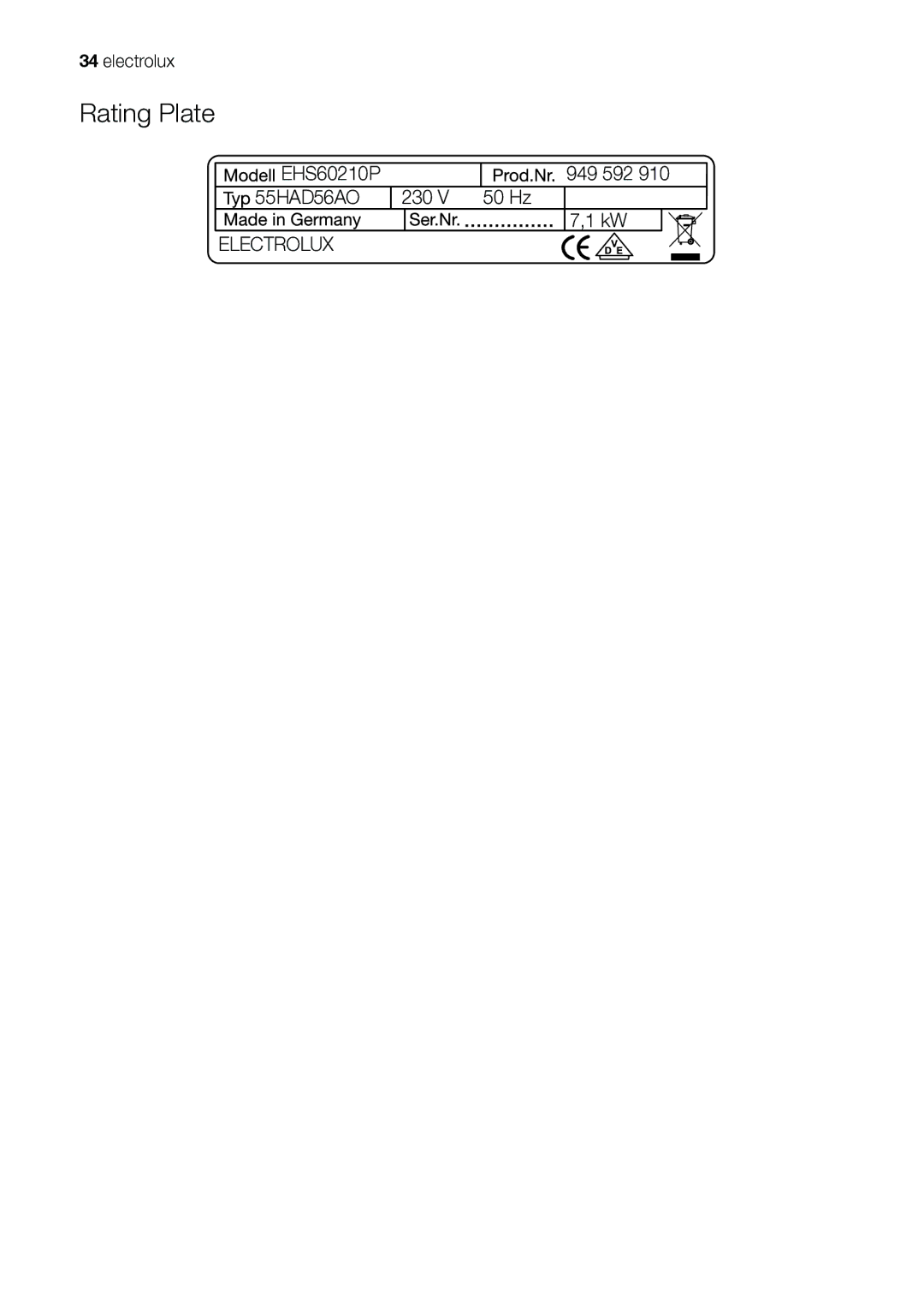 Electrolux EHS601210P user manual Rating Plate 