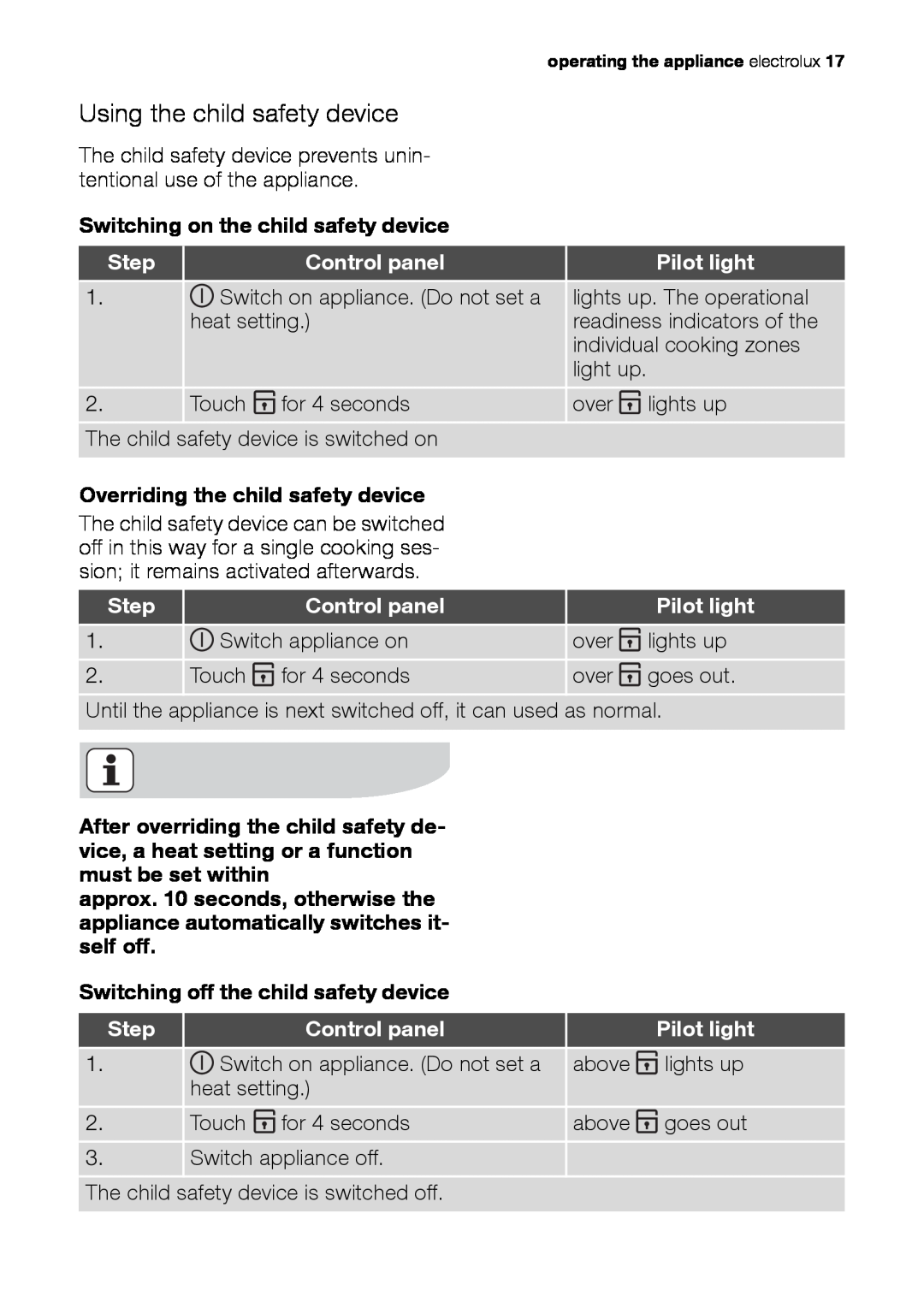 Electrolux EHS601210P user manual Using the child safety device, Switching on the child safety device 