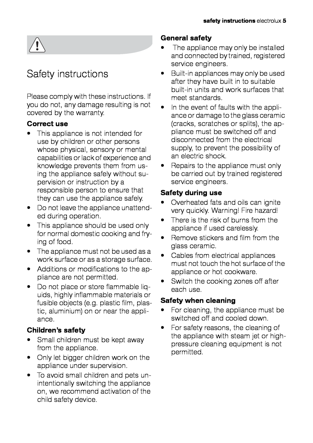Electrolux EHS601210P user manual Safety instructions, Correct use, Children’s safety, General safety, Safety during use 