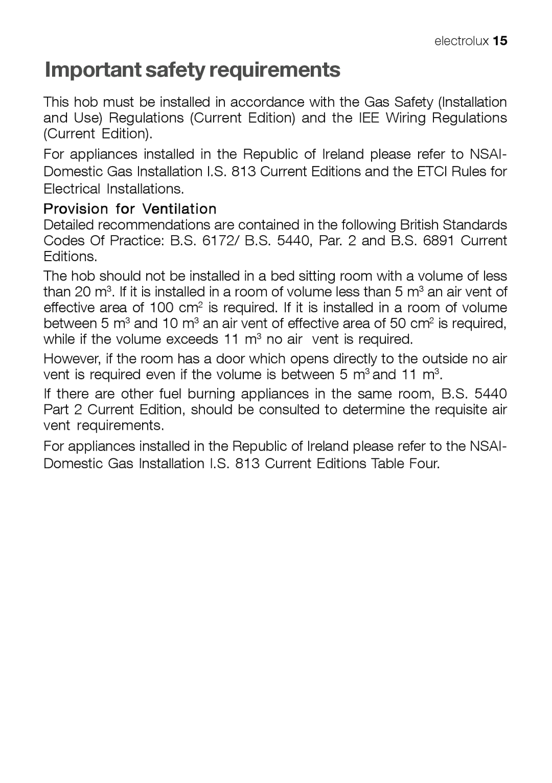 Electrolux EHT 60410 manual Important safety requirements, Provision for Ventilation 