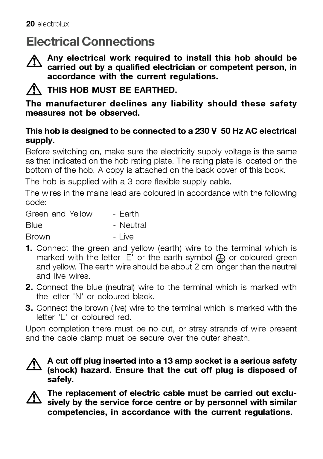 Electrolux EHT 60410 manual Electrical Connections, This HOB Must be Earthed 