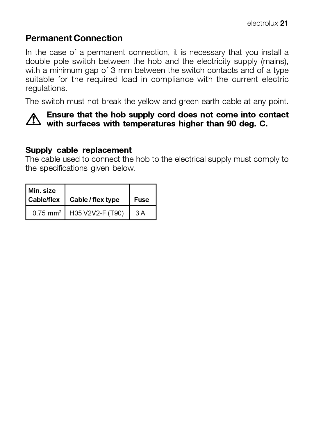 Electrolux EHT 60410 manual Permanent Connection 