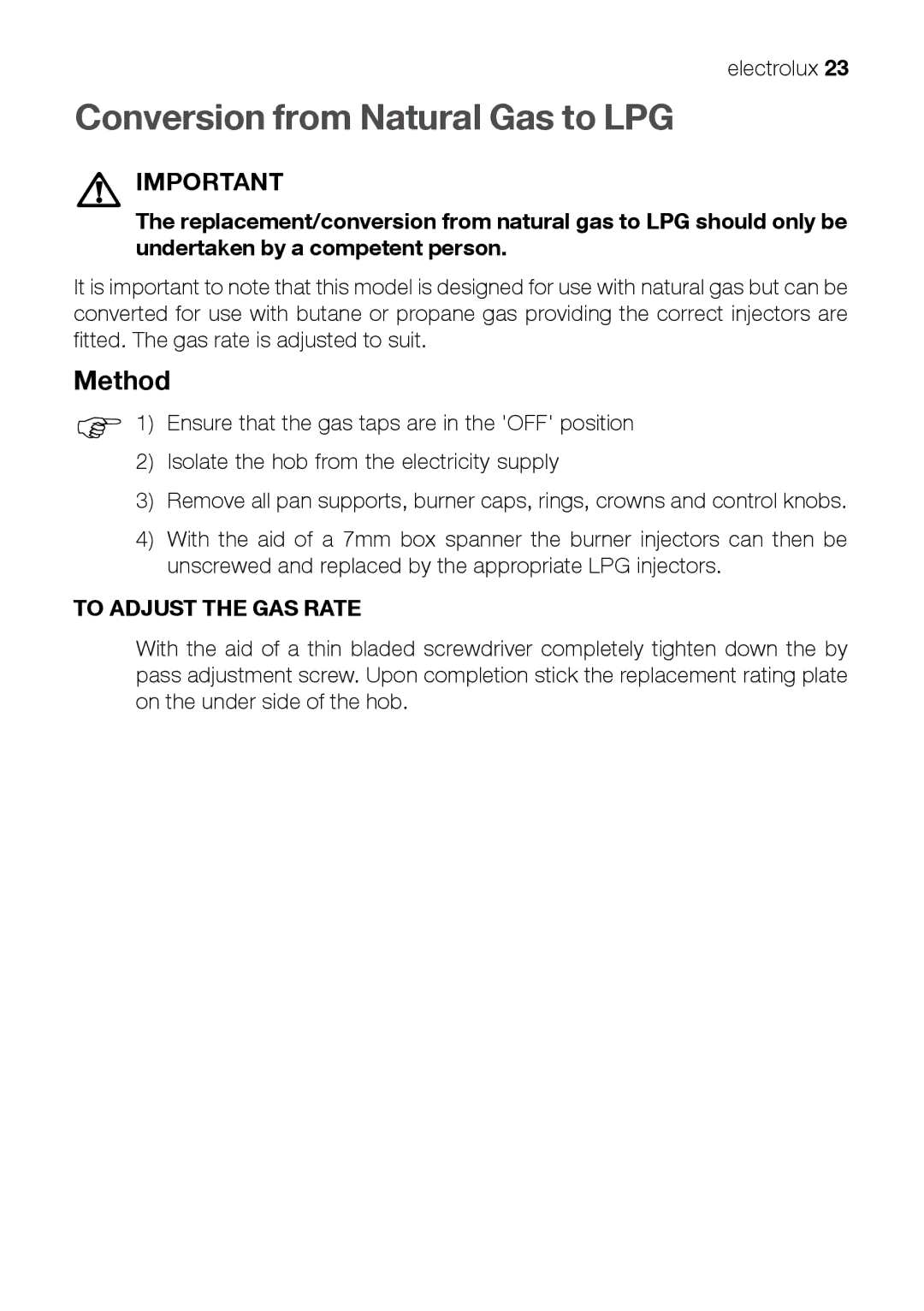 Electrolux EHT 60410 manual Conversion from Natural Gas to LPG, Method 