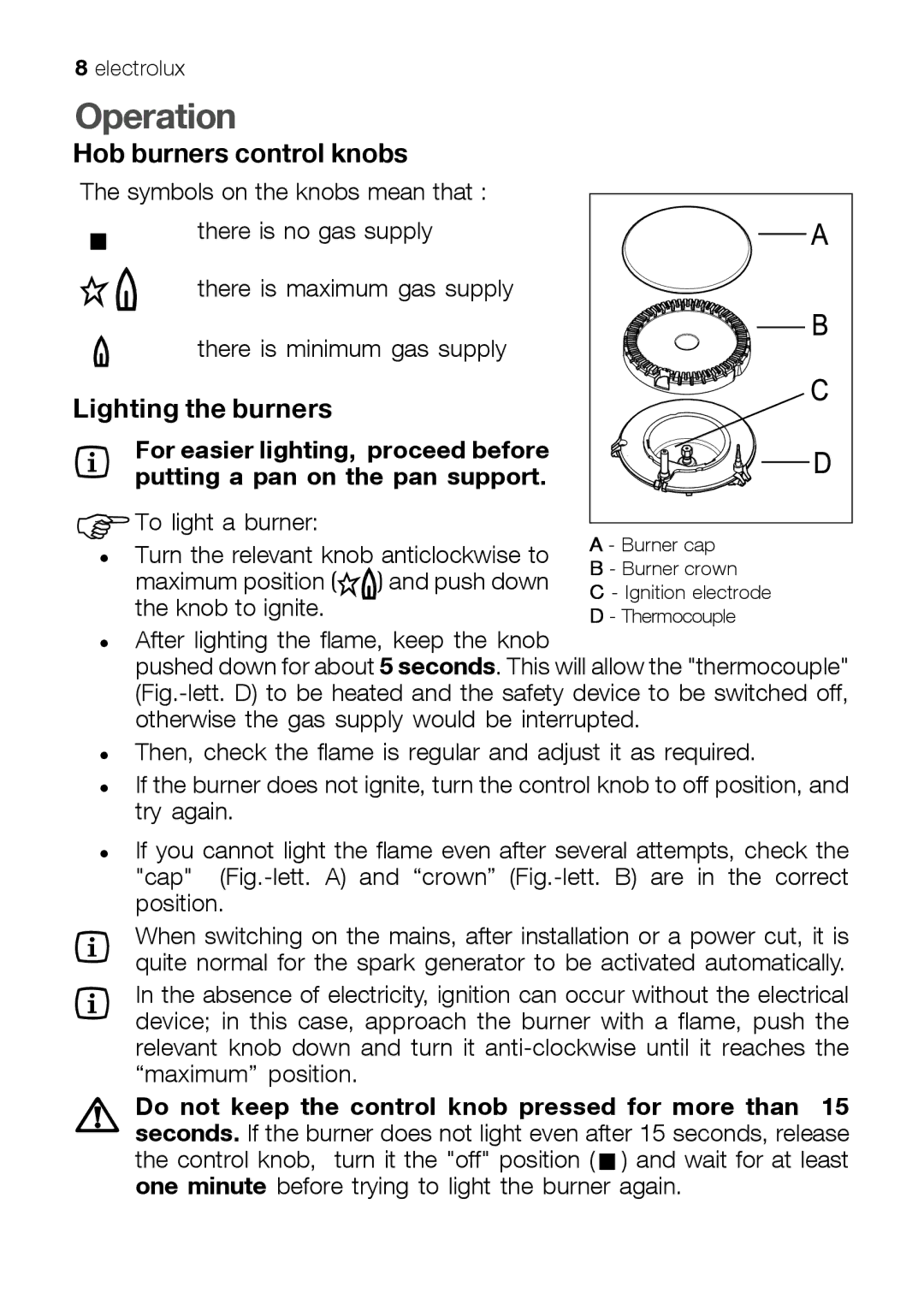 Electrolux EHT 60410 manual Operation, Hob burners control knobs, Lighting the burners 