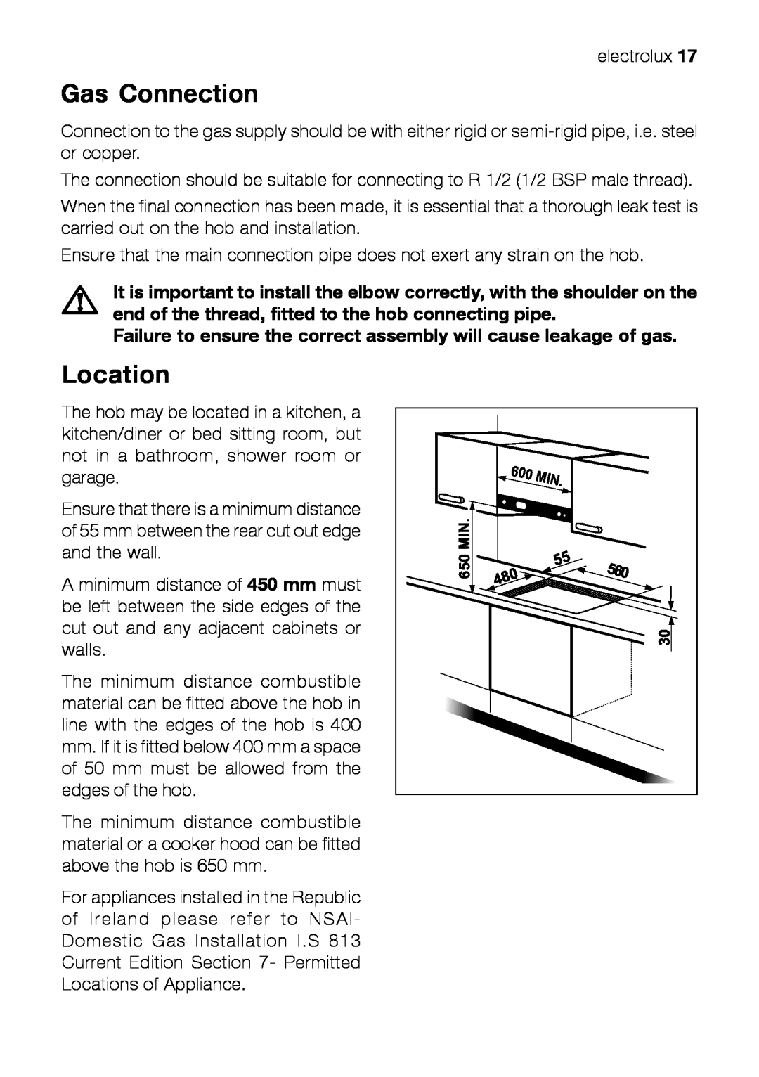 Electrolux EHT 60410 manual Gas Connection, Location, Failure to ensure the correct assembly will cause leakage of gas 