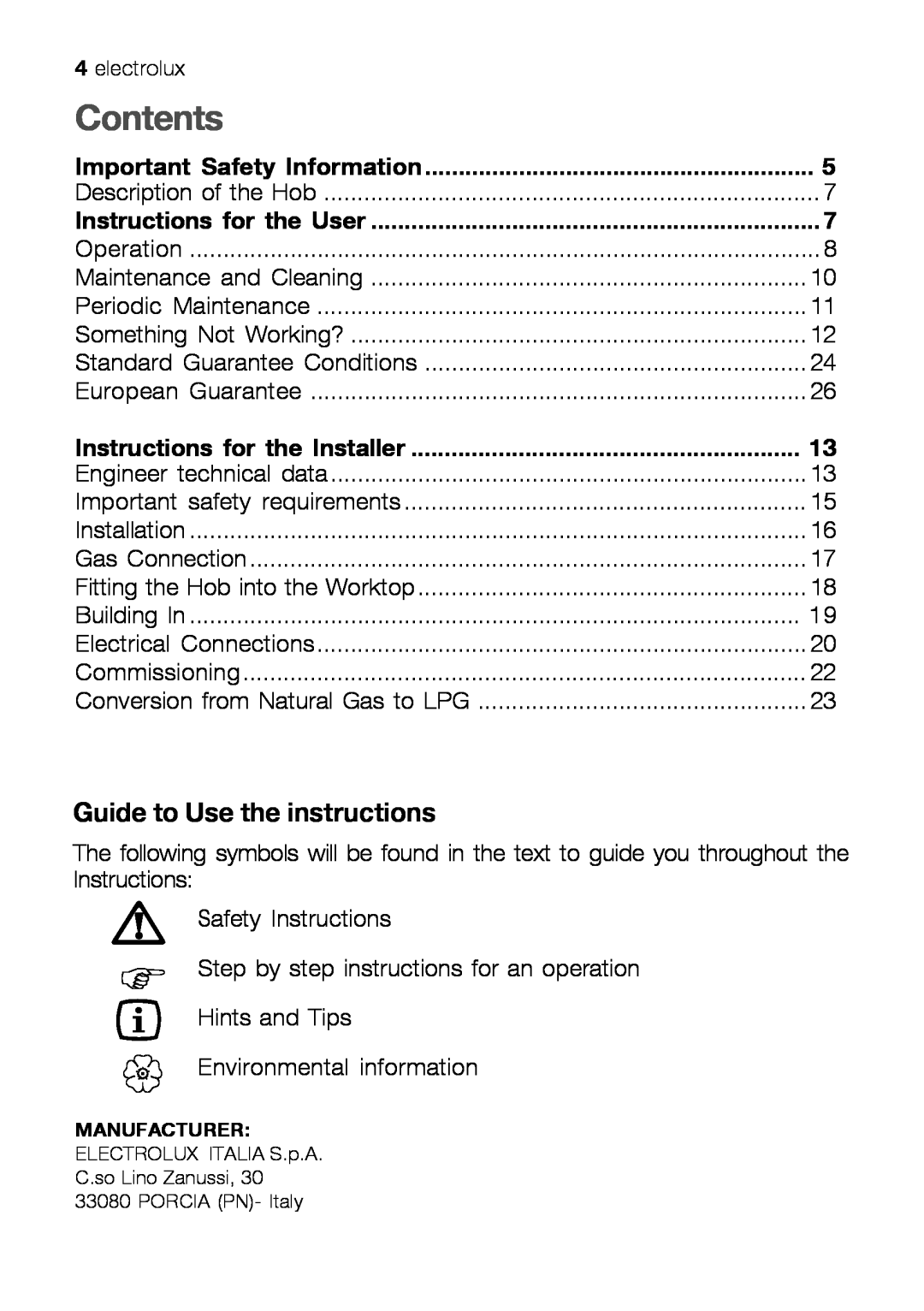 Electrolux EHT 60410 manual Contents, Guide to Use the instructions 