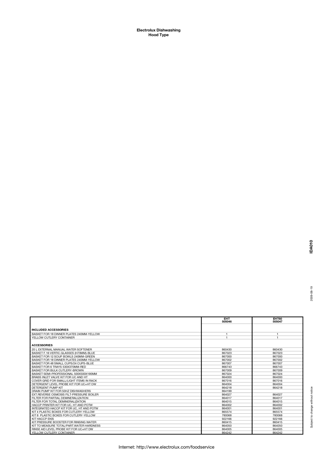 Electrolux EHT60, 505046, 505047 manual Electrolux Dishwashing Hood Type IDA010, Accessories 