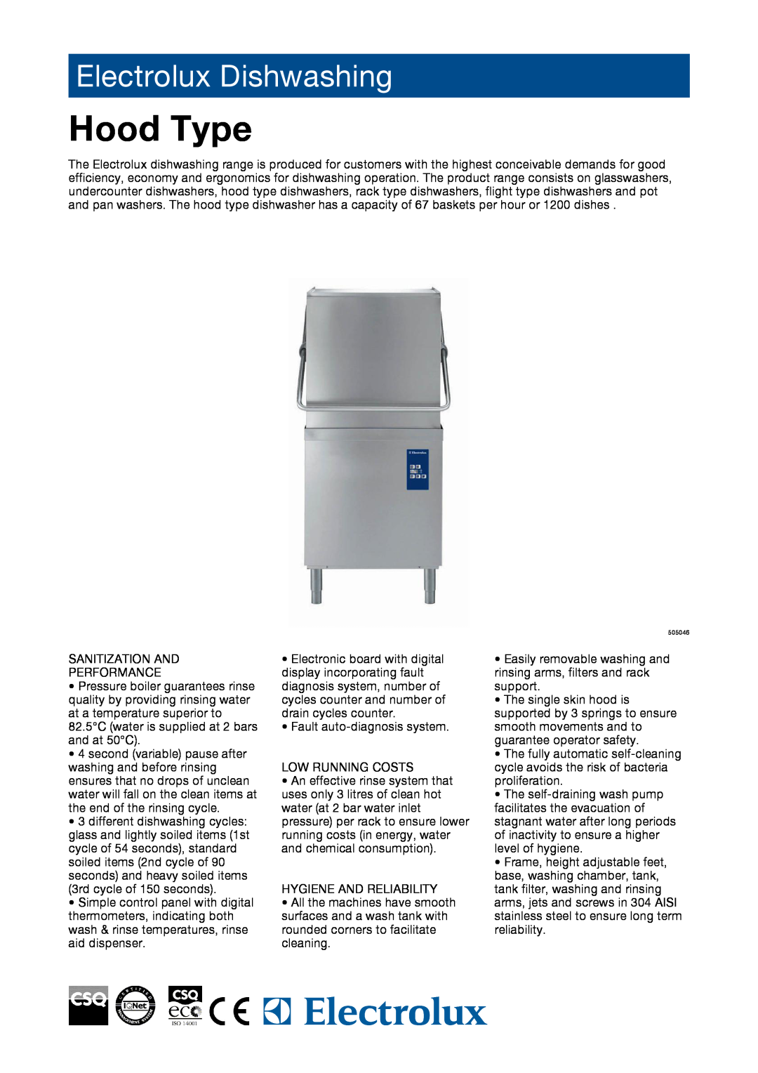 Electrolux 505046, EHT60, 505047 manual Hood Type, Electrolux Dishwashing 