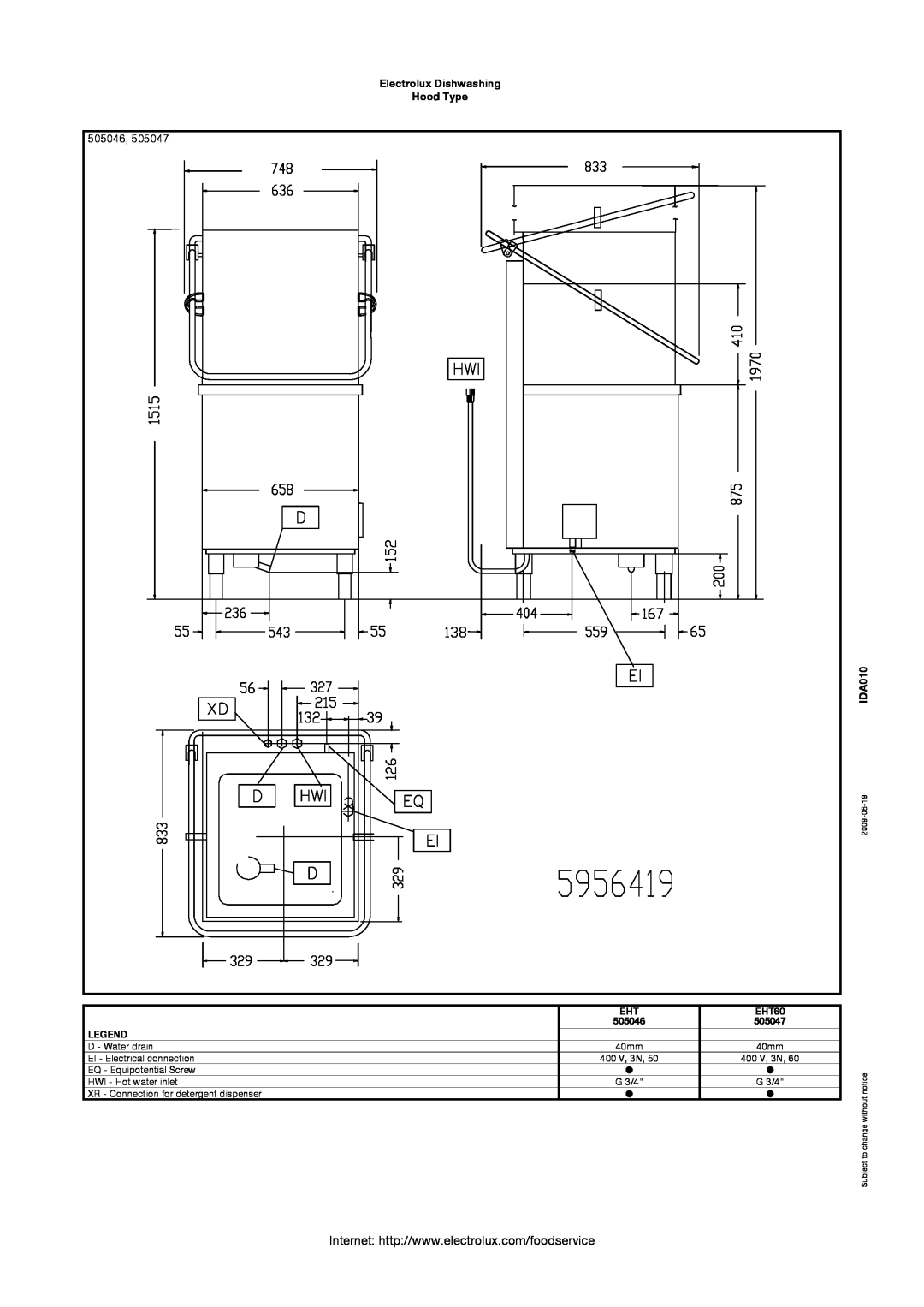 Electrolux 505046 manual Electrolux Dishwashing Hood Type, IDA010, EHT60, 505047 