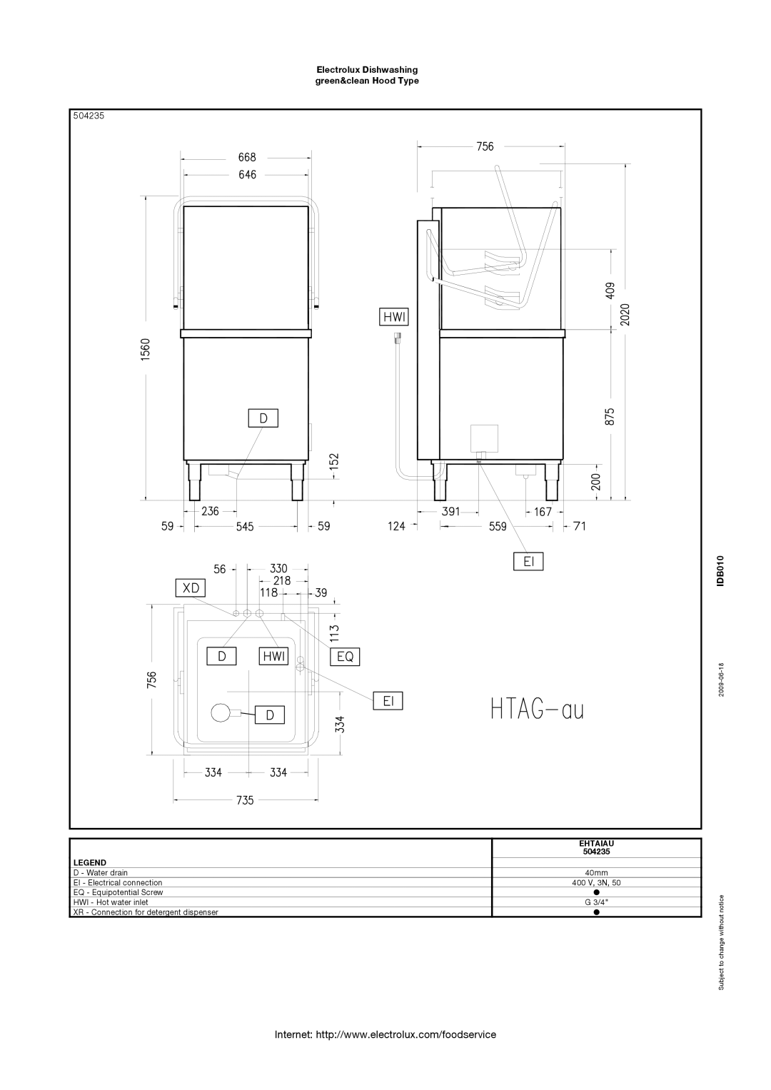 Electrolux EHTAIG, EHTA60, EHTAIAU, EHTAID, 504230 Electrolux Dishwashing green&clean Hood Type 504235 IDB010, Ehtaiau 