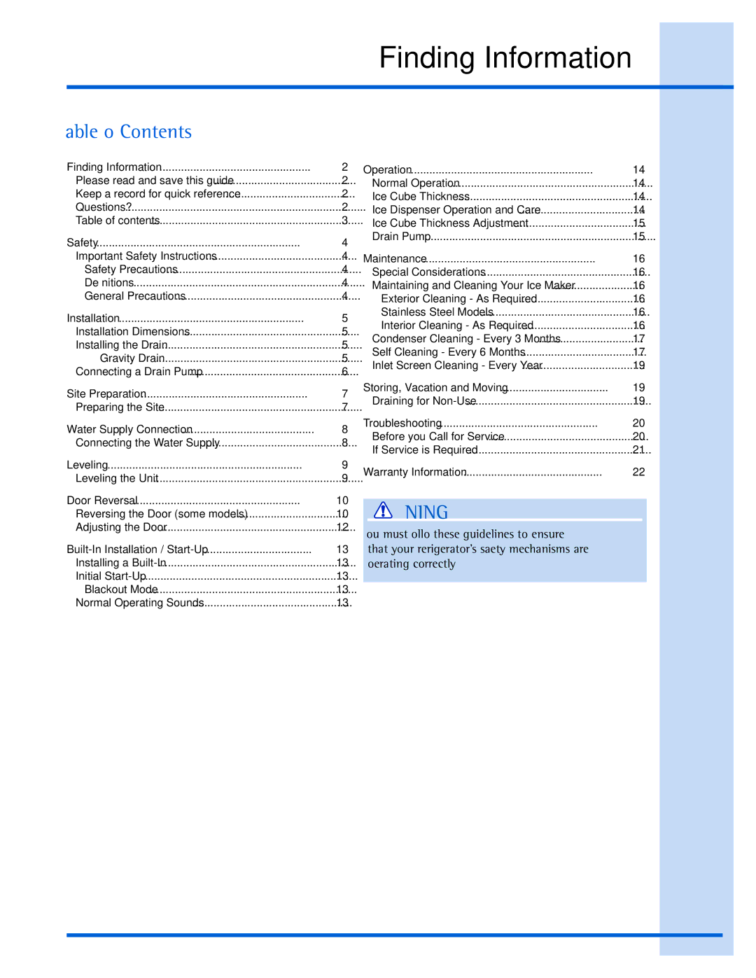 Electrolux 241927600, EI15IM55GS manual Table of Contents 