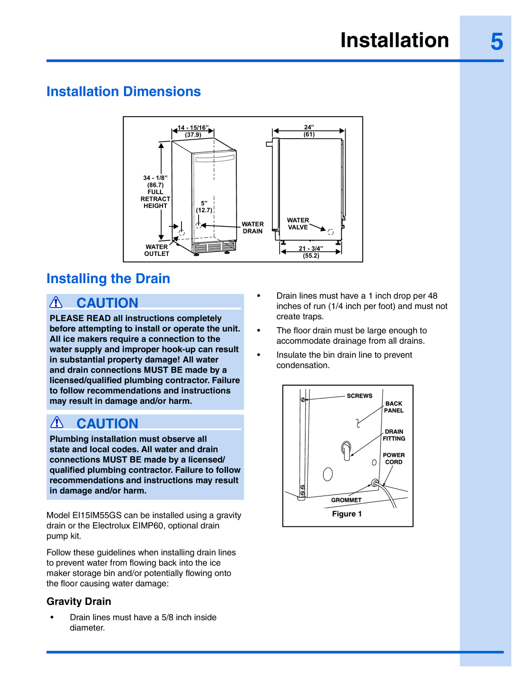 Electrolux 241927600, EI15IM55GS manual Installation Dimensions, Installing the Drain, Gravity Drain 