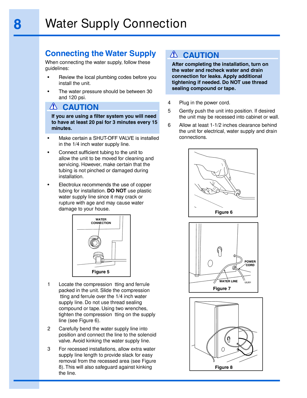 Electrolux EI15IM55GS, 241927600 manual Water Supply Connection, Connecting the Water Supply 