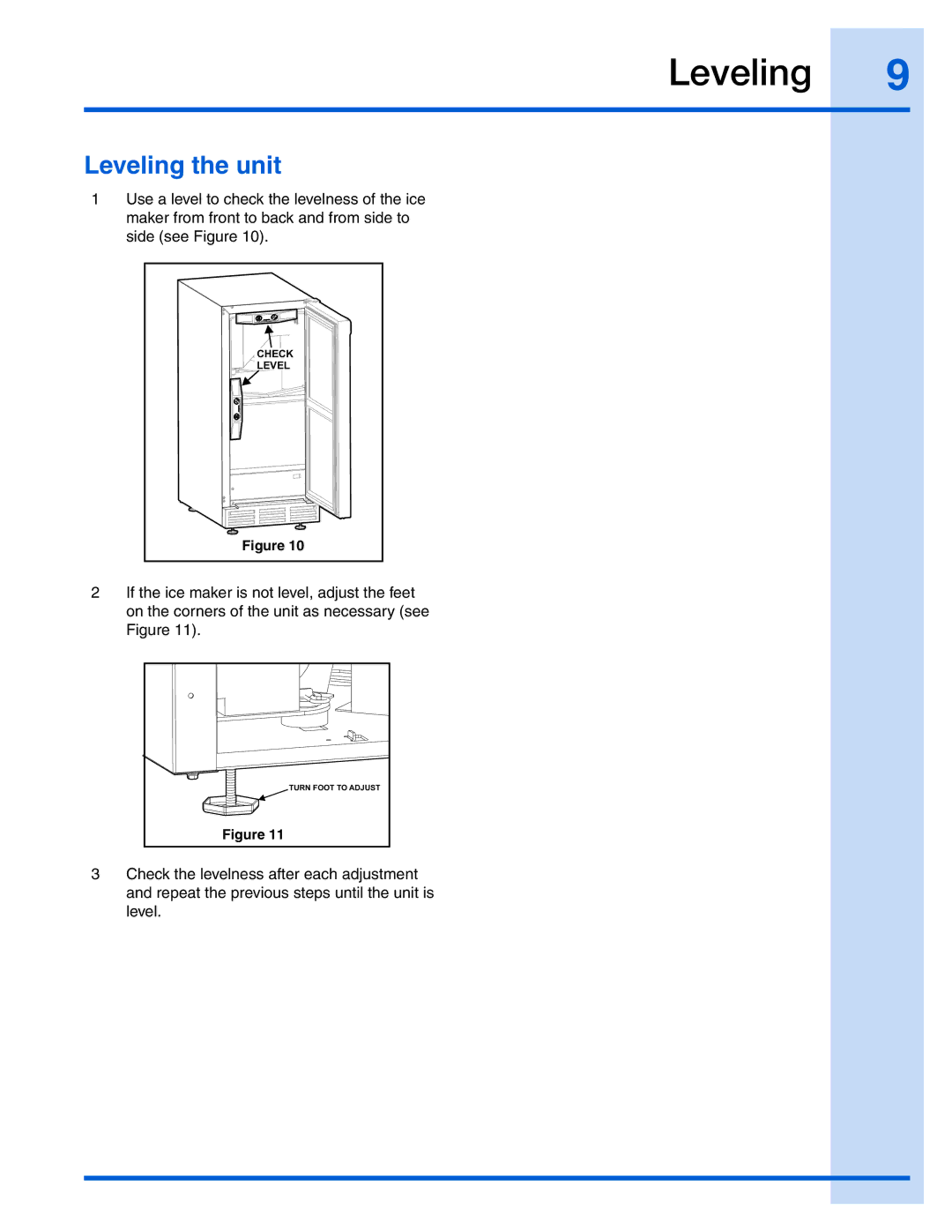 Electrolux 241927600, EI15IM55GS manual Leveling the unit 