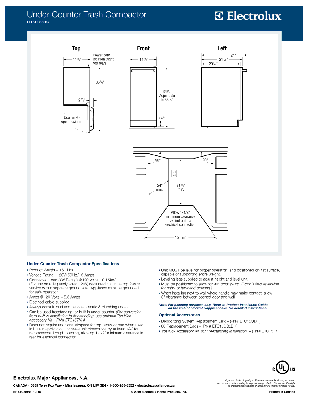 Electrolux EI15TC65HS specifications Under-Counter Trash Compactor Specifications, Optional Accessories 