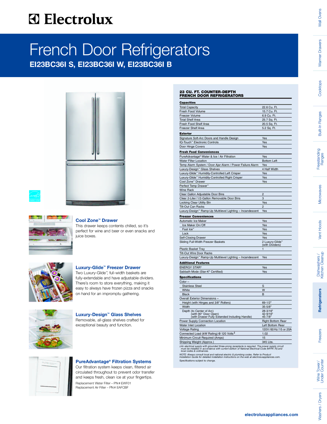 Electrolux EI23BC36IB, EI23BC36IS specifications Cool Zone Drawer, Luxury-GlideFreezer Drawer, Luxury-DesignGlass Shelves 