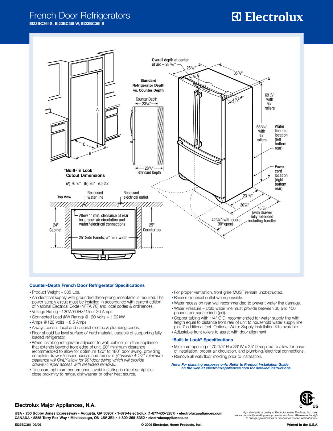 Electrolux EI23BC36IW, EI23BC36IS Cutout Dimensions, Electrolux Major Appliances, N.A, Built-In Look Specifications 