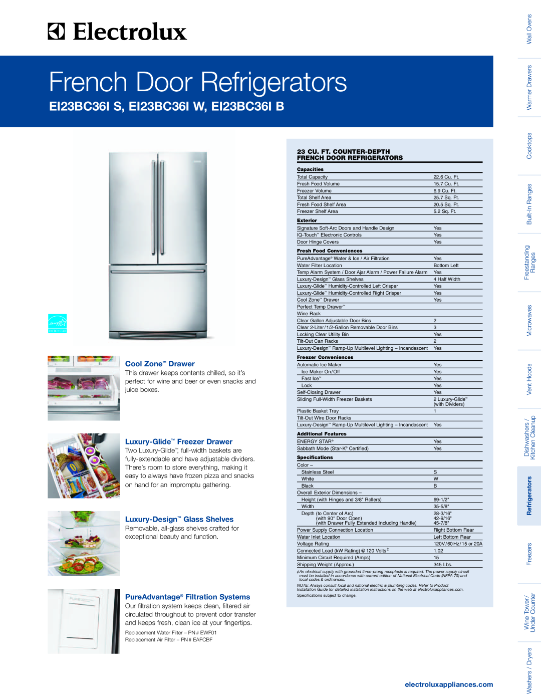 Electrolux EI23BC36IB specifications Cool Zone Drawer, Luxury-Glide Freezer Drawer, Luxury-Design Glass Shelves 