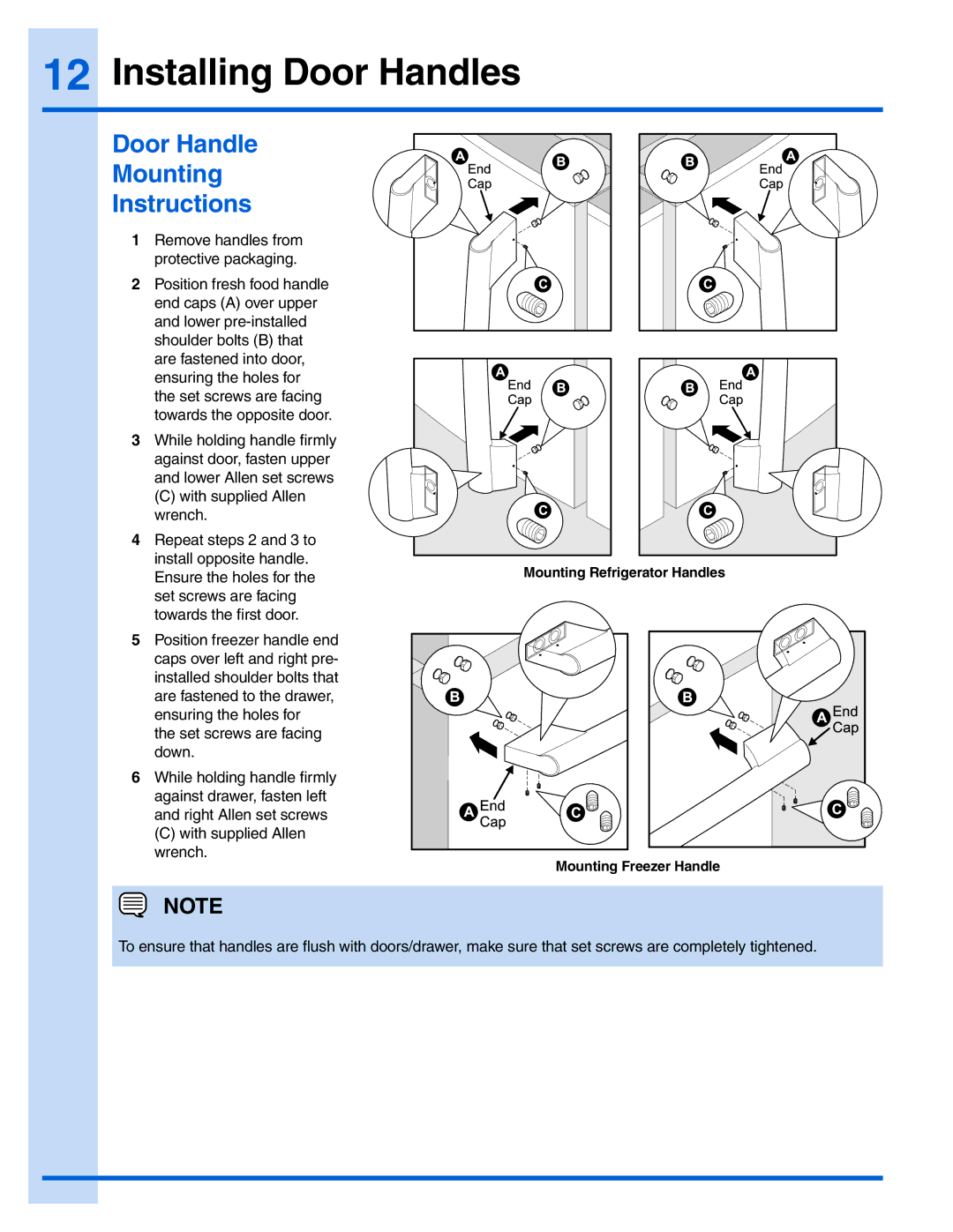 Electrolux EI23BC51IS, EI23BC51IW manual Installing Door Handles, Door Handle Mounting Instructions 