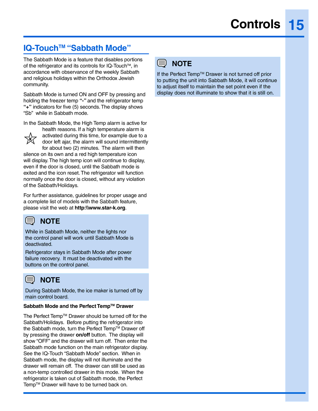 Electrolux EI23BC51IW, EI23BC51IS manual IQ-TouchTMSabbath Mode, Sabbath Mode and the Perfect TempTM Drawer 