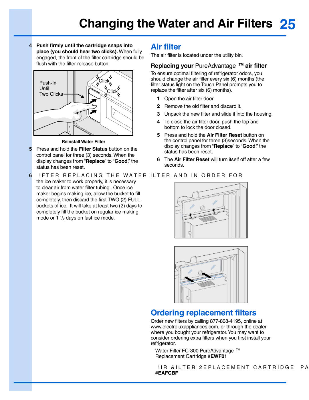 Electrolux EI23BC51IW, EI23BC51IS manual Air filter, Ordering replacement filters, Replacing your PureAdvantageTM air filter 