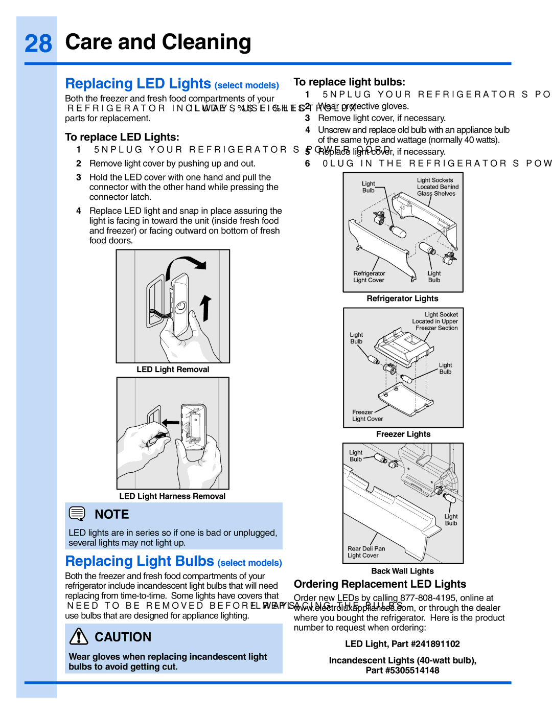 Electrolux EI23BC51IS manual Replacing LED Lights select models, Replacing Light Bulbs select models, To replace LED Lights 