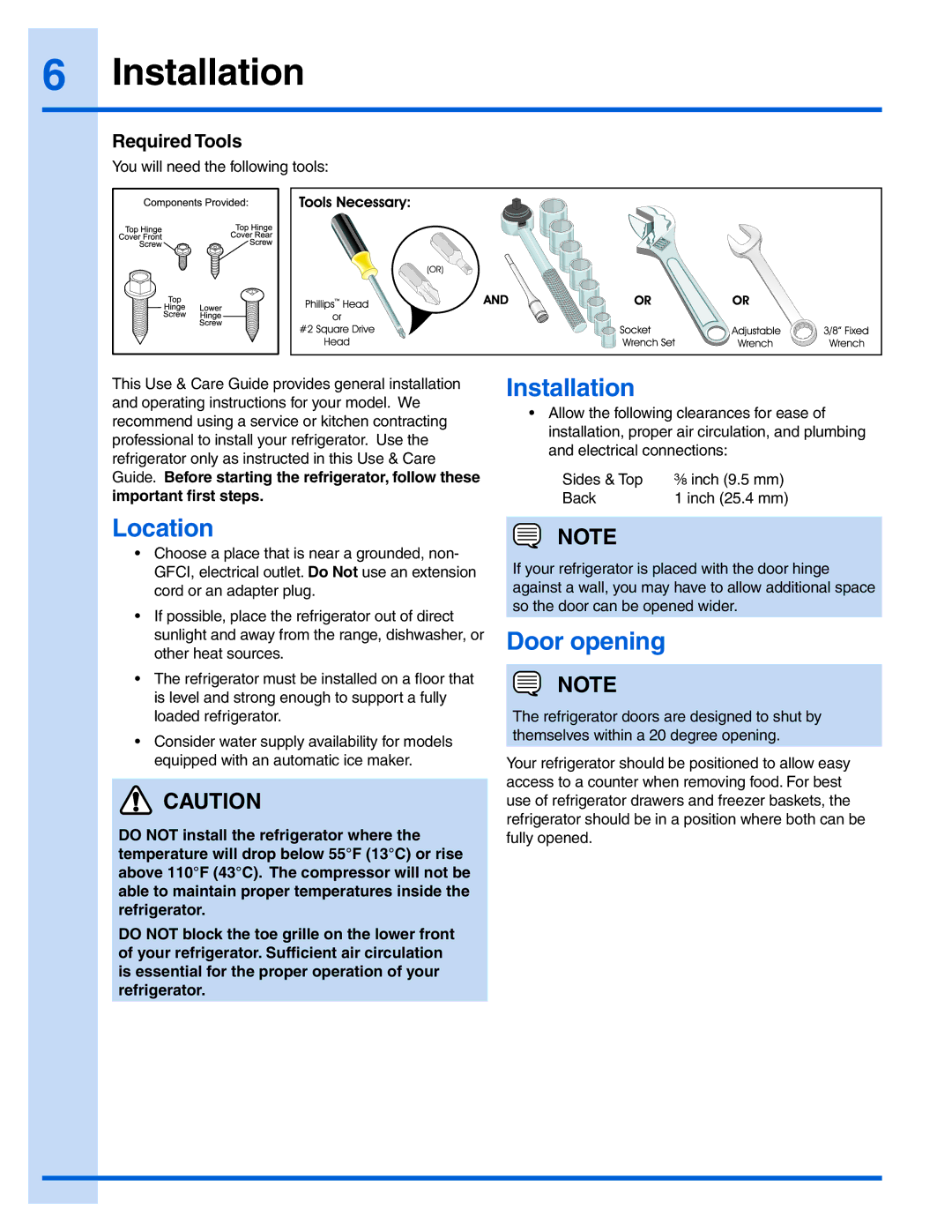 Electrolux EI23BC51IS, EI23BC51IW manual Installation, Location, Door opening, Required Tools 