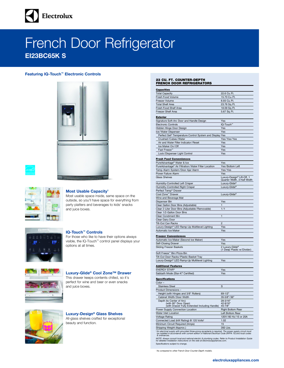 Electrolux EI23BC65K S specifications Featuring IQ-TouchElectronic Controls Most Usable Capacity1, IQ-TouchControls 