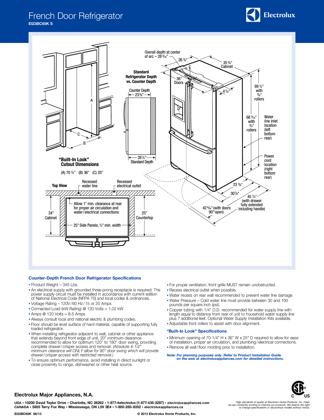 Electrolux EI23BC65K S Counter-Depth French Door Refrigerator Specifications, Built-In Look Specifications 