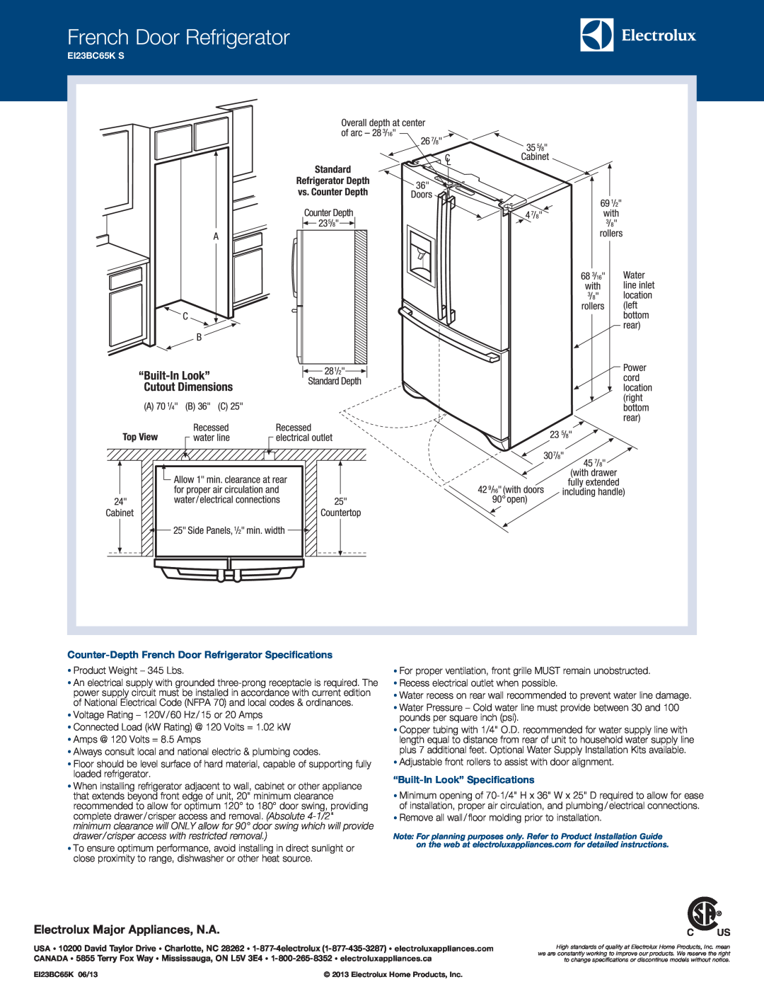 Electrolux EI23BC65K S French Door Refrigerator, Electrolux Major Appliances, N.A, “Built-In Look” Specifications 