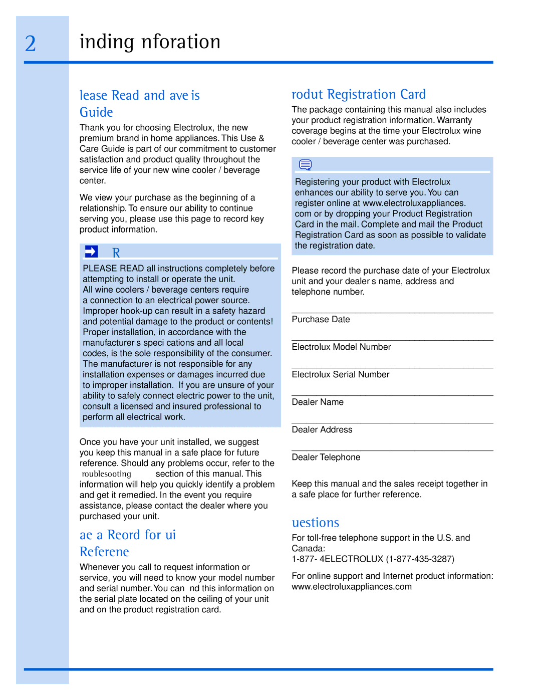 Electrolux EI24BC65G Finding Information, Please Read and Save This Guide, Make a Record for Quick Reference, Questions? 