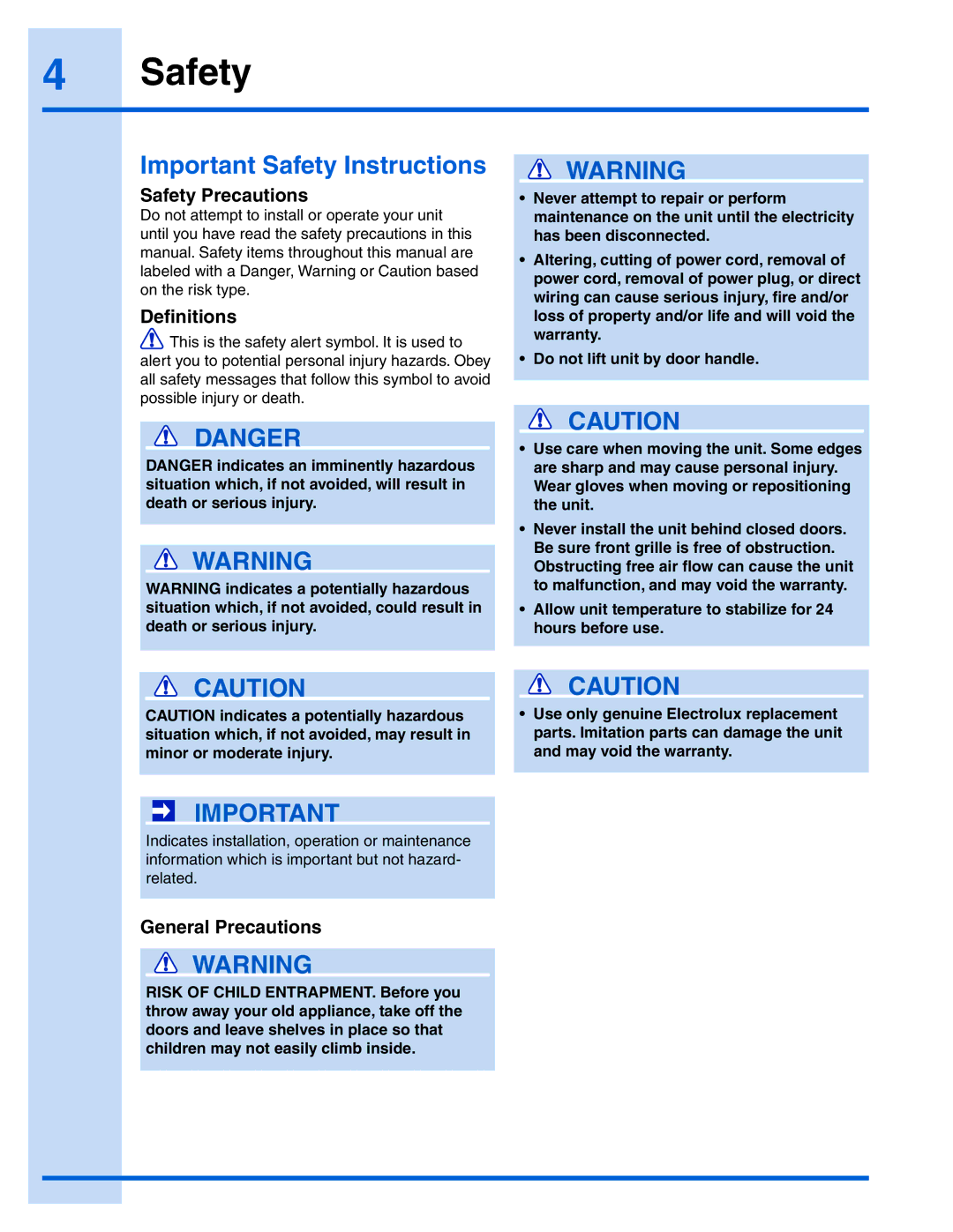 Electrolux EI24BC65G manual Important Safety Instructions 