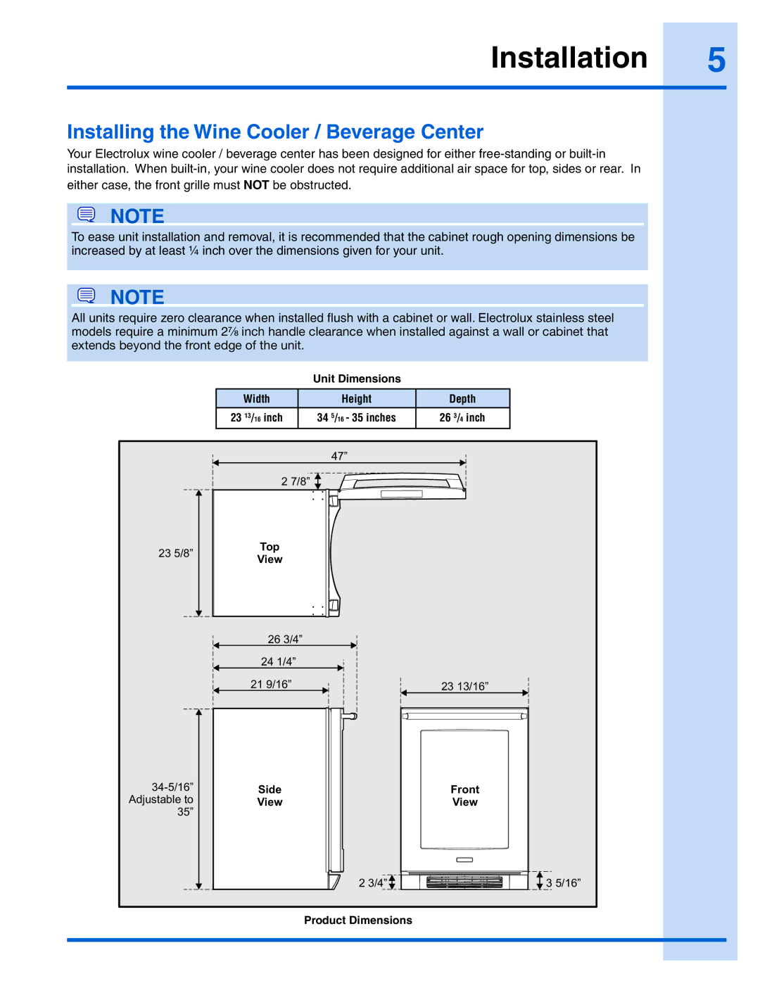 Electrolux EI24BC65G manual Installation, Installing the Wine Cooler / Beverage Center 