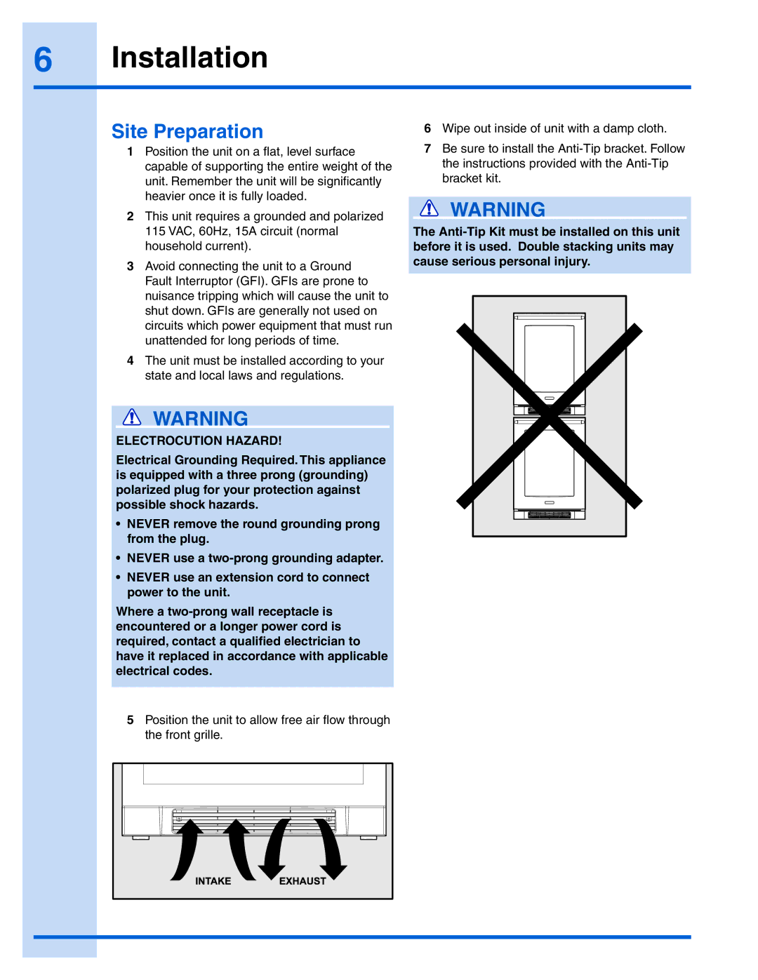 Electrolux EI24BC65G manual Site Preparation, Electrocution Hazard 