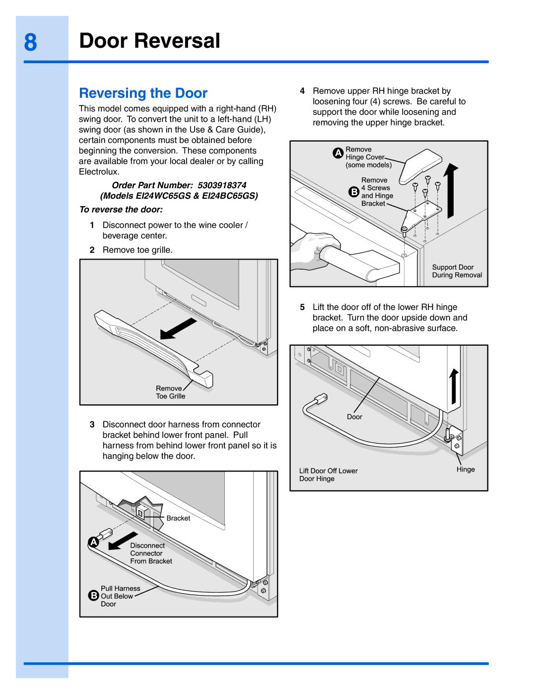 Electrolux EI24BC65G manual Door Reversal, Reversing the Door 