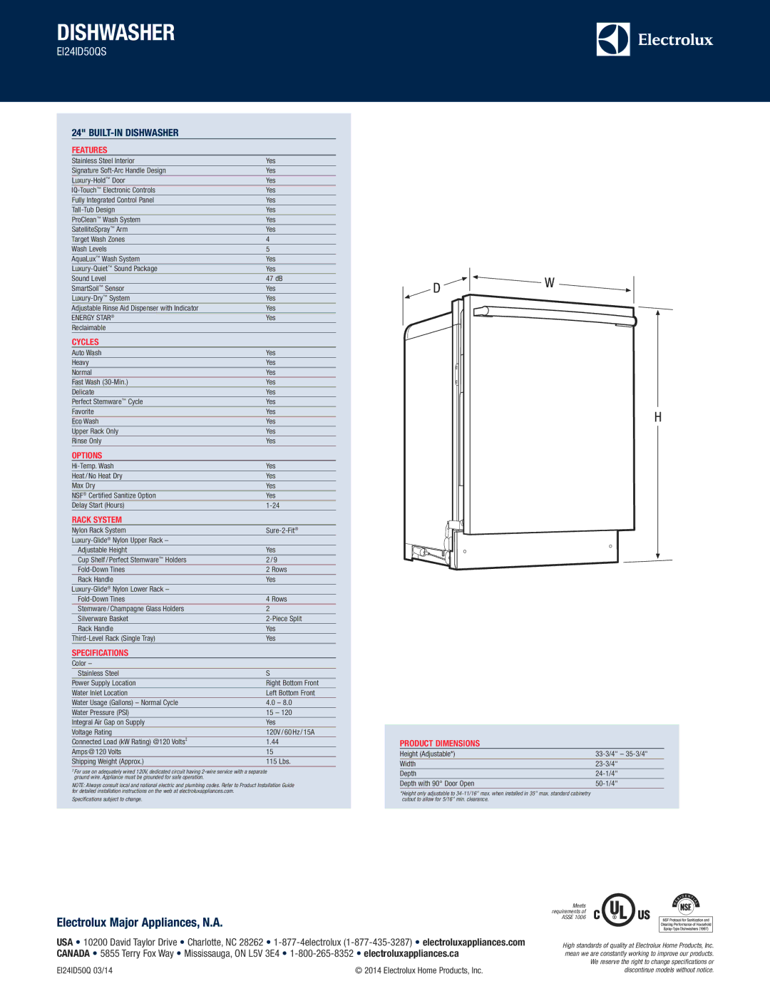 Electrolux EI24ID50QS dimensions Features, Cycles, Options, Rack System, Specifications, Product Dimensions 